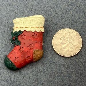Christmas Pin Brooch Stocking Stars Lace Detailed Red White Green Resin Retro